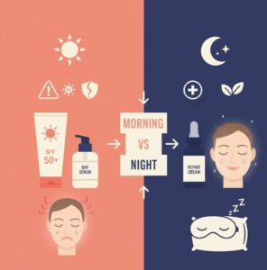 Sun and moon infographic comparing morning versus nighttime glycolic acid application with benefits and risks