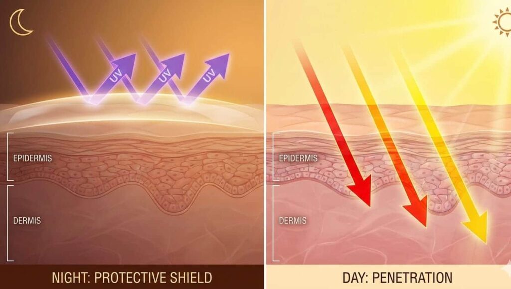 Scientific illustration showing UV rays blocked at night versus penetrating skin during day after glycolic acid application