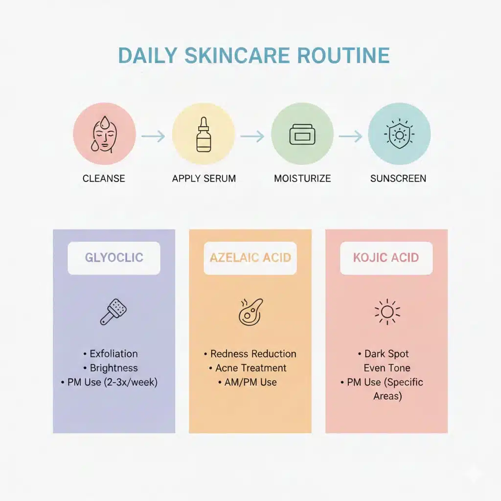 Dermatology illustration of glycolic, azelaic and kojic acid mechanisms on the skin including exfoliation, anti-inflammatory action and pigment inhibition