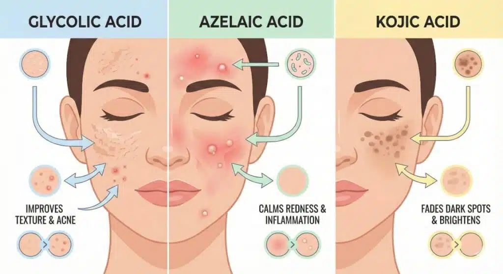 Infographic comparing glycolic acid, azelaic acid and kojic acid with illustrations showing benefits for acne, inflammation, and dark spots
