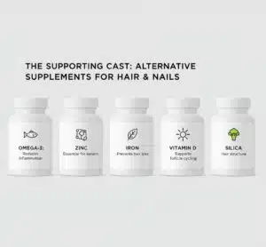 Visual lineup of alternative supplements for hair and nails: Omega-3, Zinc, Iron, and Vitamin D with key benefits.