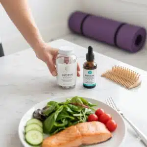 Collage of holistic hair loss solutions for menopause including biotin supplements, minoxidil, healthy food, a yoga mat, and gentle haircare tools.