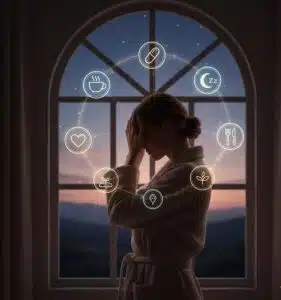 ilhouette of a mother with a constellation of icons for sleep, nutrition, stress relief, and vitamins glowing around her head, representing holistic postpartum recovery.