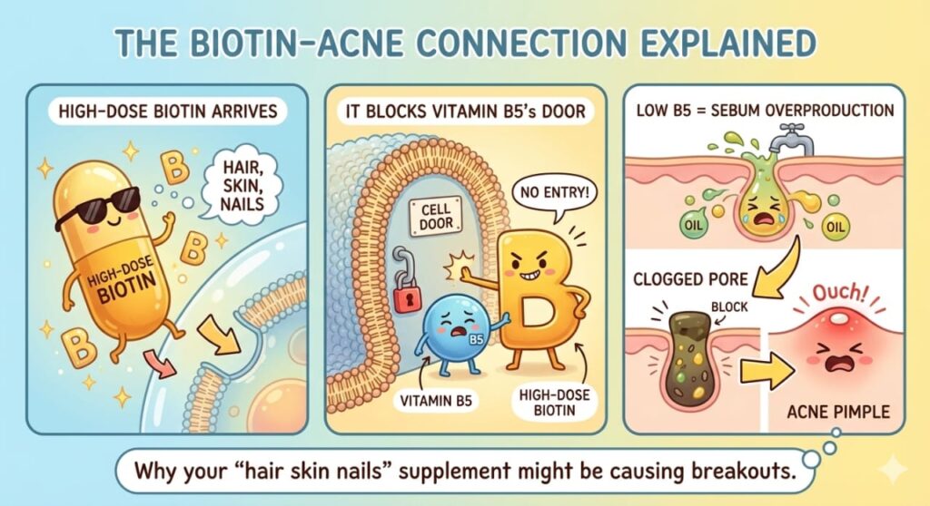 Simple 3-step diagram explaining how high-dose biotin depletes vitamin B5, leading to increased sebum production, clogged pores, and hormonal acne in women with PCOS
