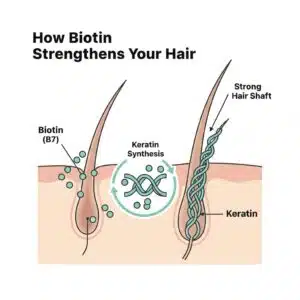 Educational diagram showing how biotin supports keratin synthesis inside the hair follicle for stronger hair growth.
