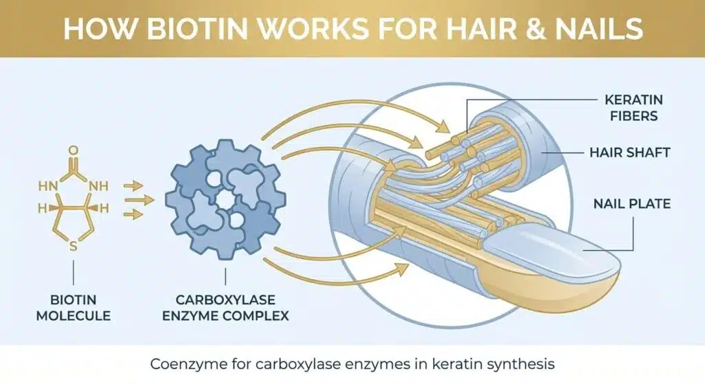 Illustrated diagram showing how biotin acts as a coenzyme to support keratin synthesis for strong hair and nails.