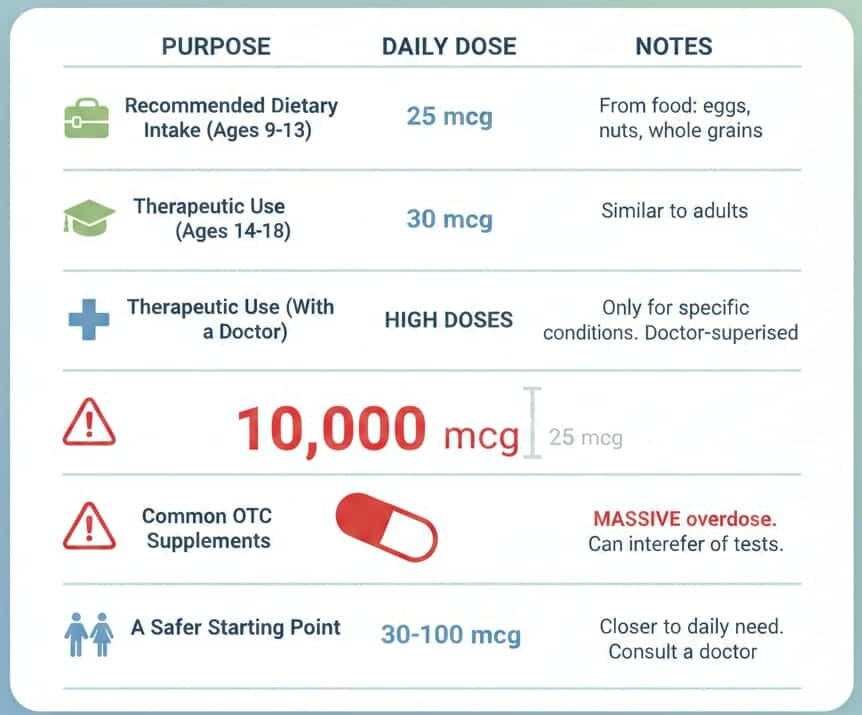 Infographic comparing biotin amounts for teens, showing a single 25 mcg pill for daily needs, a small stack for 30–100 mcg, and an oversized unstable pill tower representing 1,000–10,000 mcg OTC doses.