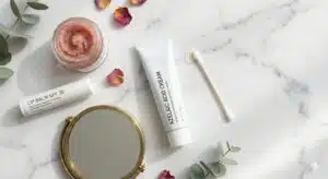 Woman carefully applying azelaic acid to dark lips using cotton swab applicator for precise treatment