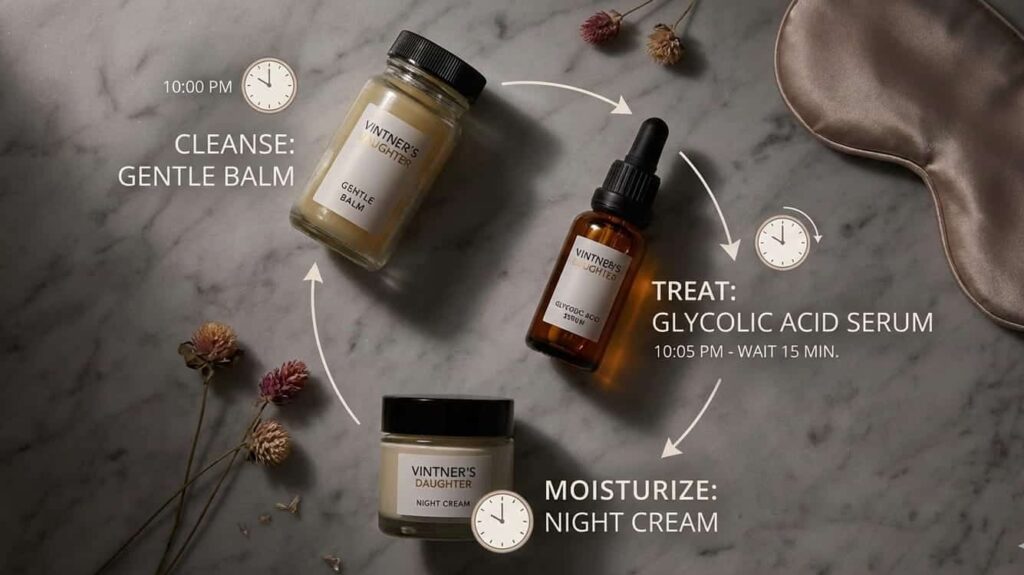 Flat lay of nighttime skincare routine showing glycolic acid application sequence with wait times between products