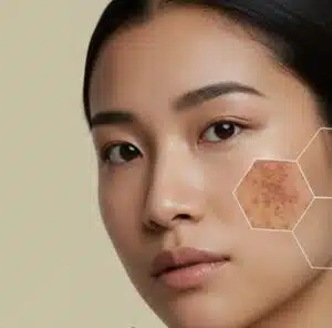 Close-up of woman's face showing hyperpigmentation and dark spots highlighted with hexagonal magnification overlay on cheek area