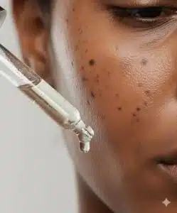 close-up of a woman with dark spots and hyperpigmentation receiving a gentle serum treatment to improve uneven skin tone