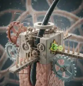 Hyper-realistic CGI view of a hair follicle as a factory, with a glowing biotin vitamin molecule fitting into a socket on a keratin production machine.