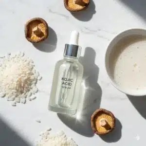 A flatlay of a Kojic Acid serum bottle surrounded by rice grains, dried mushrooms, and a cup of milky liquid on a marble surface.