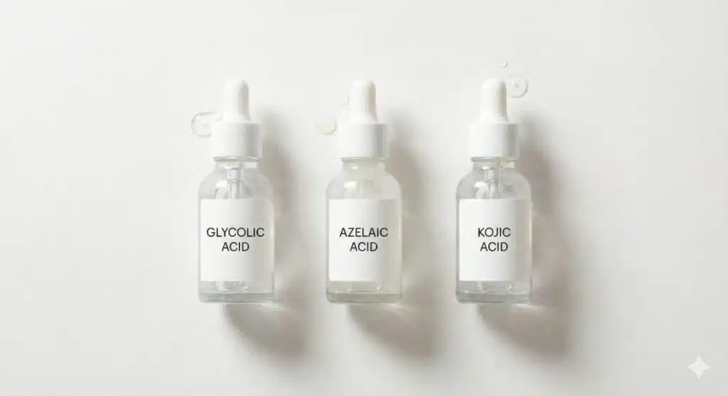 Three minimalist skincare serum bottles labeled glycolic acid, azelaic acid, and kojic acid showing comparison of ingredients for skin concerns
