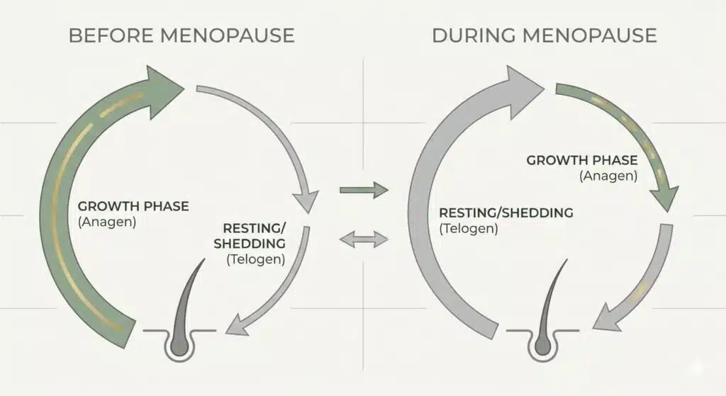 Infographic comparing hair growth cycles before and during menopause, showing how the growth phase shortens and the resting phase lengthens.