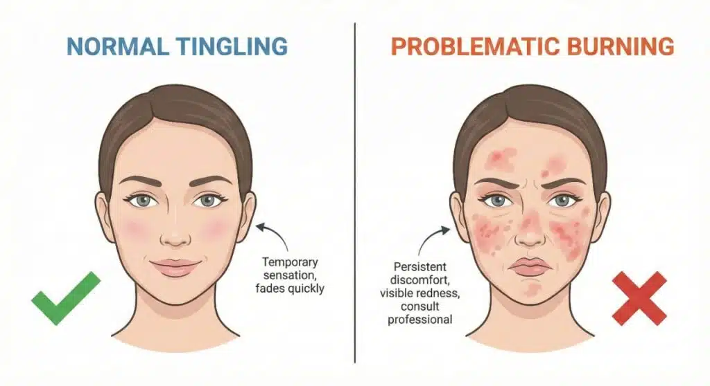 A comparison showing normal tingling versus problematic burning after using skincare acids, highlighting temporary mild sensation versus severe redness and irritation