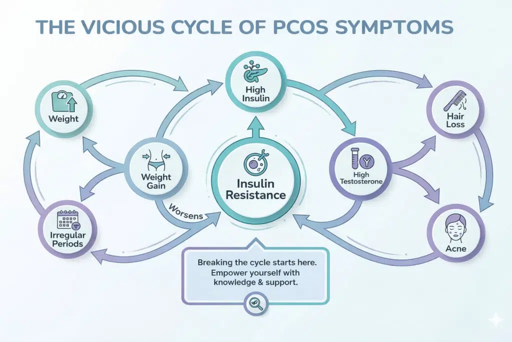 Infographic illustrating the vicious cycle of PCOS symptoms: Insulin resistance leads to high insulin, which increases testosterone, causing hair loss, acne, irregular periods, and weight gain, which then worsens insulin resistance