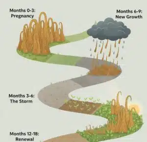 Illustrated timeline infographic of postpartum hair, showing a lush forest, a shedding storm, new sprouts, and regrowth over 18 months.