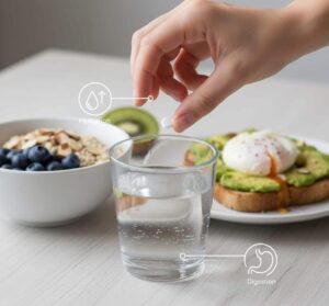 Image showing biotin supplements taken with food and water to support better absorption and digestion.