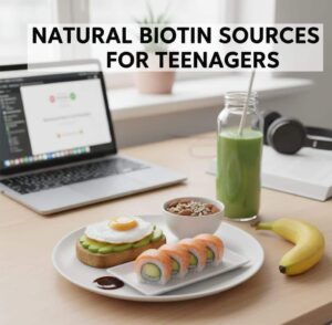 A vibrant, realistic assortment of biotin-rich foods like eggs, nuts, salmon, and avocado arranged for a teenager's lifestyle on a desk.