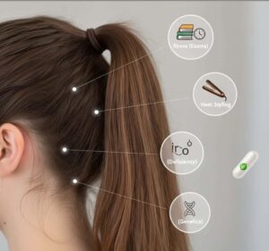 Conceptual image showing a ponytail with icons for stress, styling, and genetics as primary causes of hair loss, with a biotin supplement isolated as a smaller factor.