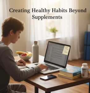 teenager engaged in balanced health habits including nutrition, hydration, stress management, and sleep, with supplements as a minor component.