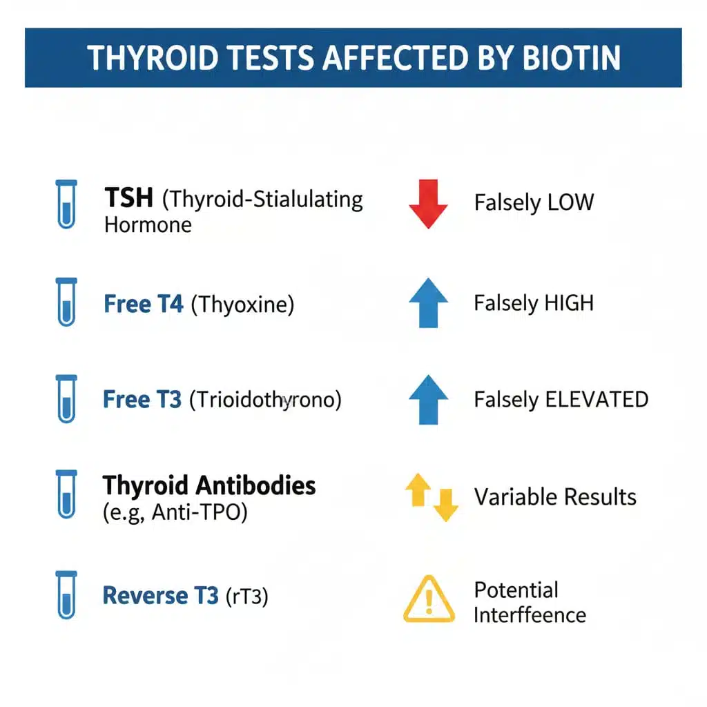 Complete list of thyroid blood tests affected by biotin supplementation including TSH, T3, T4, and antibodies