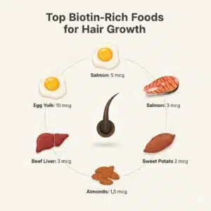 Infographic listing the top 5 biotin-rich foods for hair: egg yolks, salmon, beef liver, sweet potatoes, and almonds with their biotin content.
