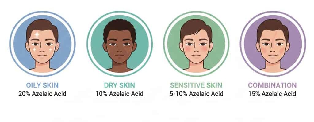 Azelaic acid concentration guide for different skin types: 20% for oily skin, 10% for dry skin, 5-10% for sensitive skin, and 15% for combination skin