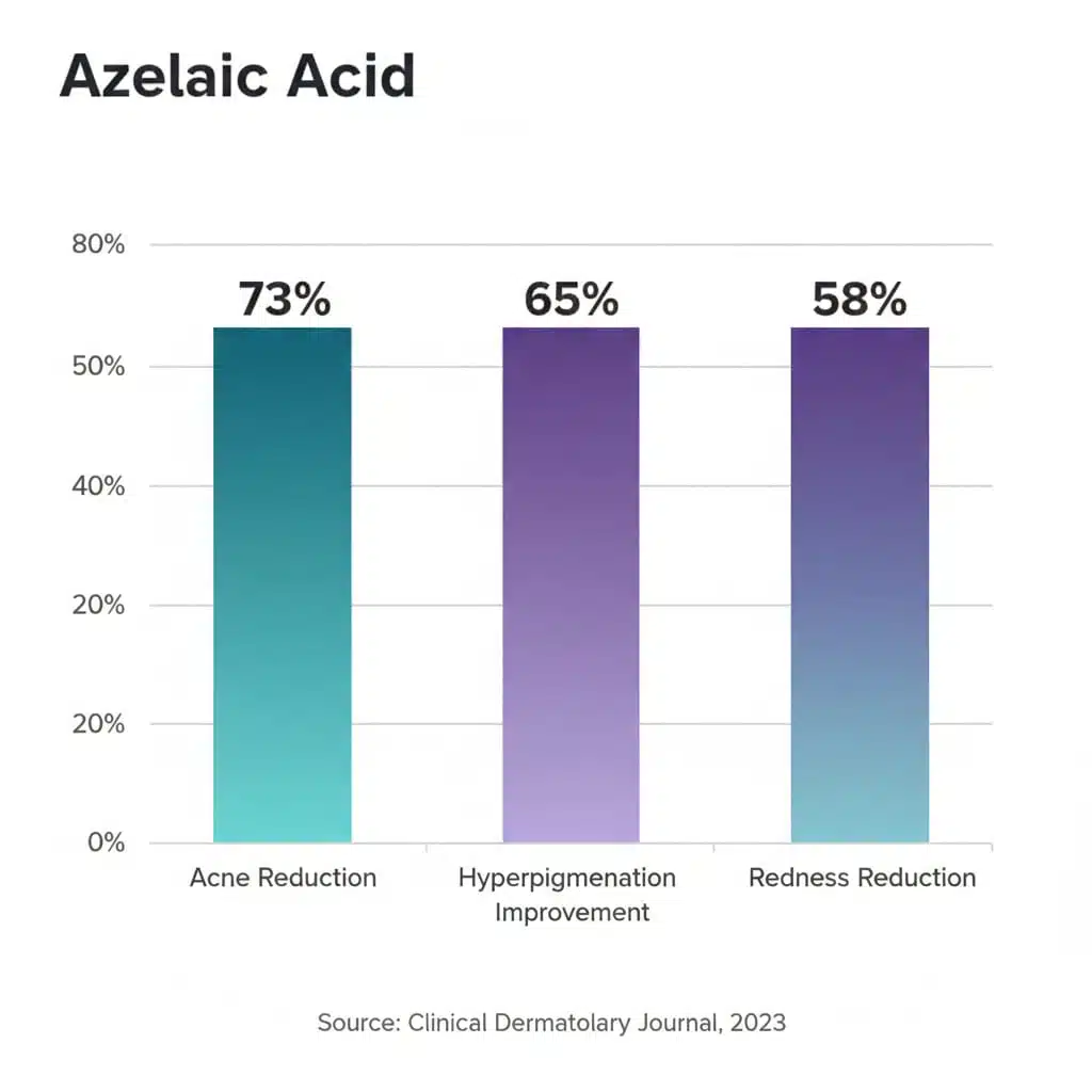 Bar chart showing azelaic acid effectiveness: 73% acne reduction, 65% hyperpigmentation improvement, and 58% redness reduction based on Clinical Dermatology Journal 2023