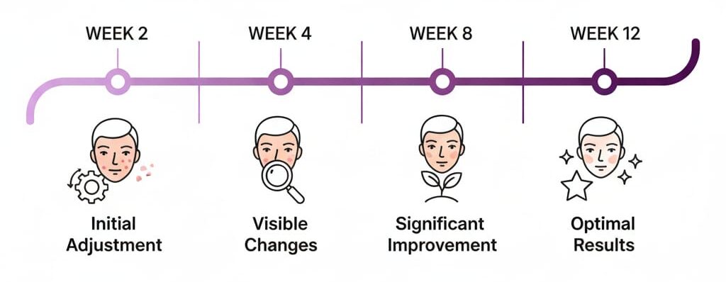 Timeline showing azelaic acid results from week 2 to week 12, displaying initial adjustment, visible changes, significant improvement, and optimal results phases