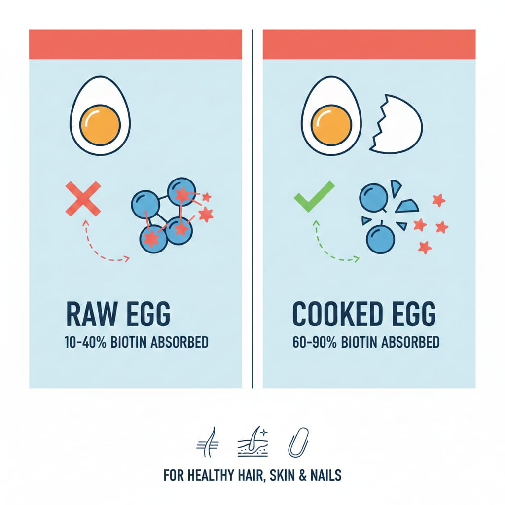 Biotin absorption comparison infographic showing raw eggs provide 10-40% biotin availability while cooked eggs provide 60-90% biotin absorption due to avidin destruction