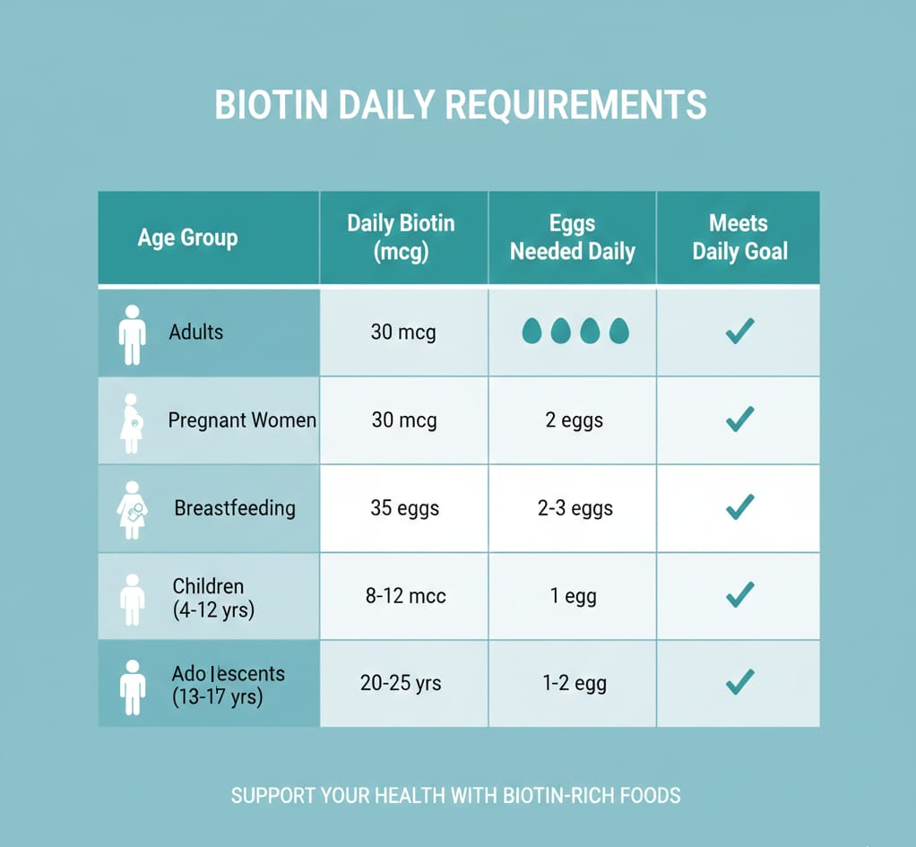Biotin daily requirements table showing how much biotin per day adults, pregnant women, children and adolescents need from eggs and other sources