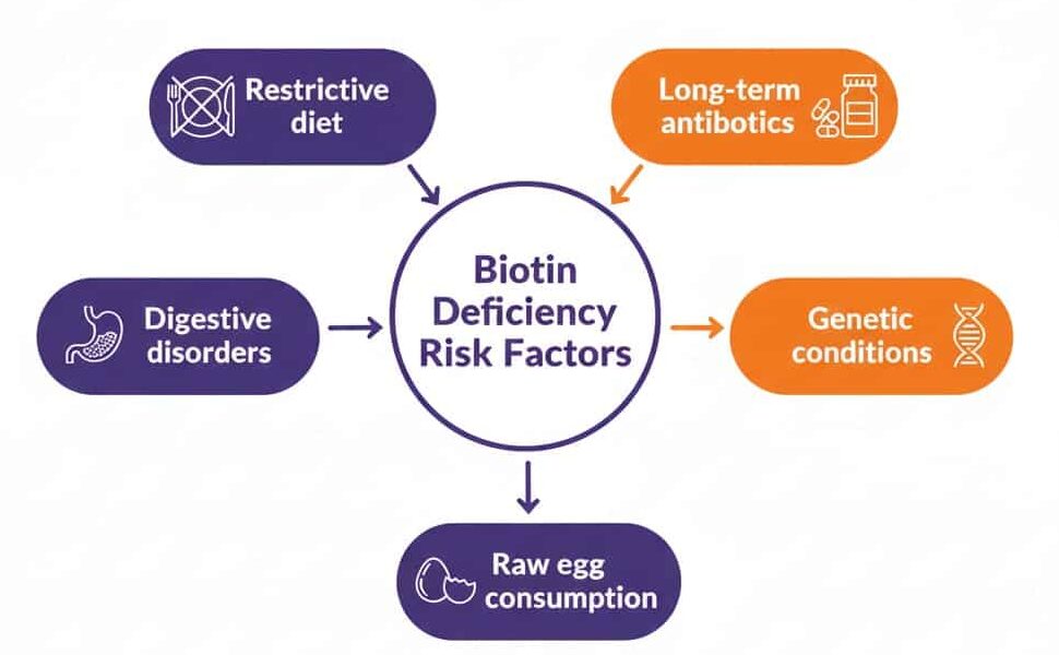 Flowchart showing biotin deficiency risk factors: restrictive diet, long-term antibiotics, digestive disorders, genetic conditions, and raw egg consumption