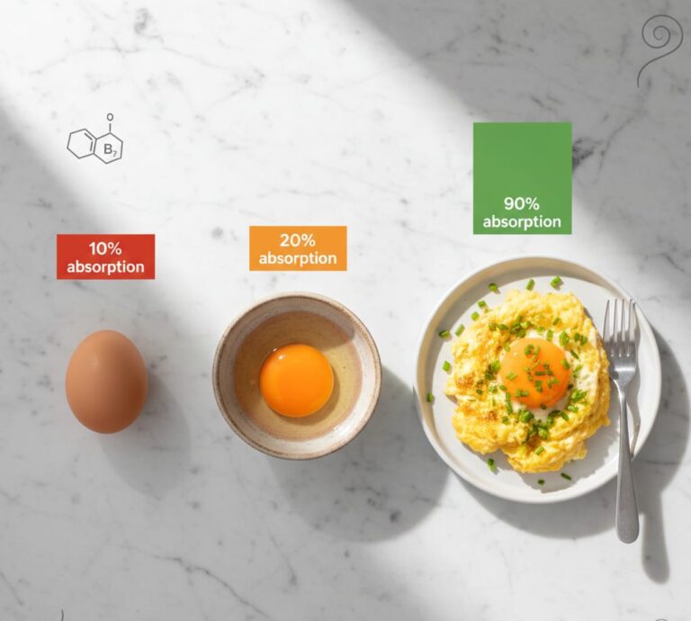 Three eggs showing biotin absorption rates: raw whole egg at 10%, cracked raw egg at 20%, and cooked scrambled egg at 90% absorption, illustrating how cooking increases biotin availability