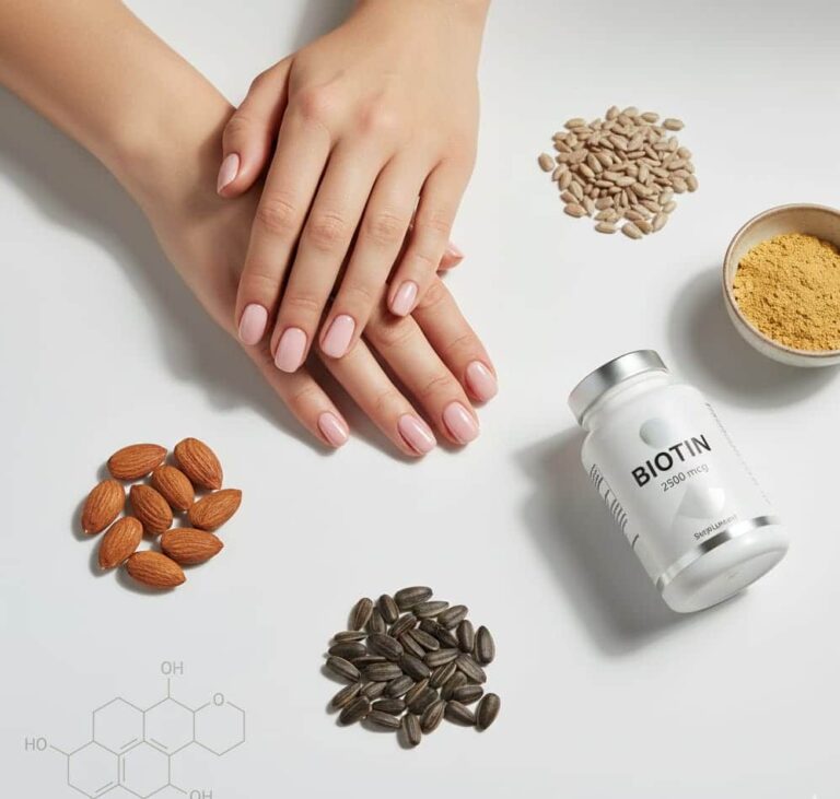 Elegant flat-lay composition showing healthy nails, biotin supplement, and biotin-rich foods