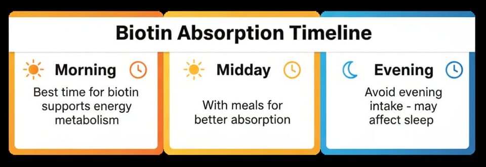 Timeline infographic showing optimal biotin intake: morning for energy metabolism, midday with meals, avoid evening intake