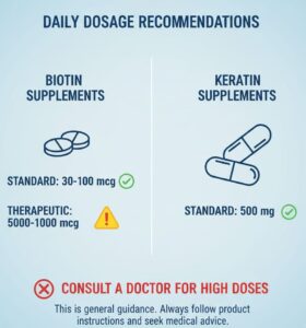 Medical dosage guide for biotin and keratin supplements: displays recommended daily amounts of 30-100mcg biotin for standard use, 5000-10000mcg for therapeutic use, and 500mg keratin with safety warnings and medical consultation reminders