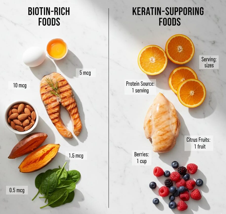 Nutritional guide showing biotin-rich foods including eggs, salmon, almonds, sweet potatoes with mcg values, and keratin-supporting protein sources like chicken, citrus fruits, and leafy greens with serving sizes