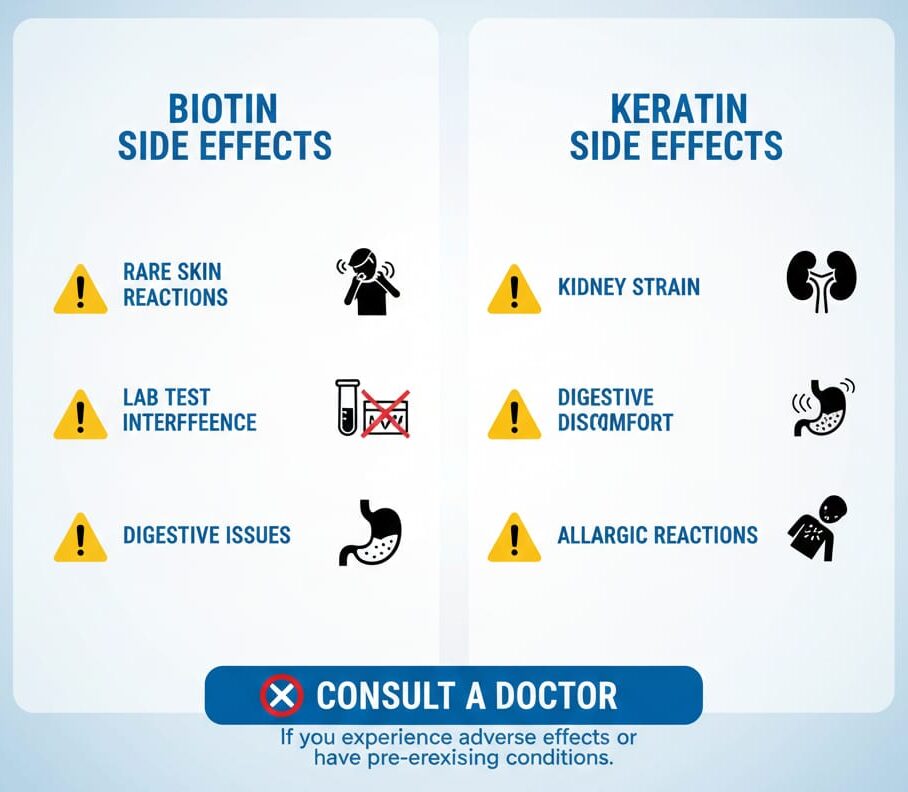 Side effects awareness chart comparing biotin and keratin supplements: biotin may cause rare skin reactions, lab test interference, digestive issues; keratin may cause kidney strain, digestive discomfort, allergic reactions with consult doctor reminder