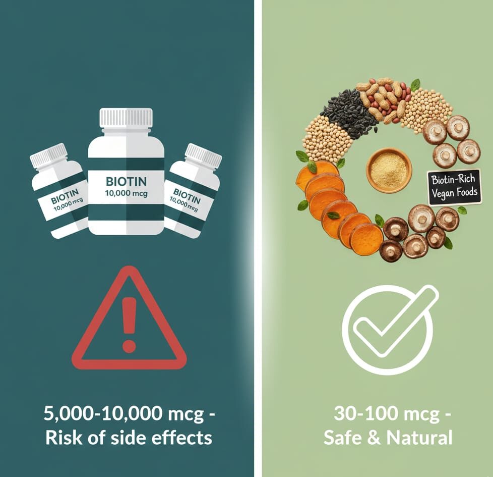 Comparison graphic showing high-dose biotin supplements with warning versus safe natural vegan food sources providing 30-100 mcg biotin