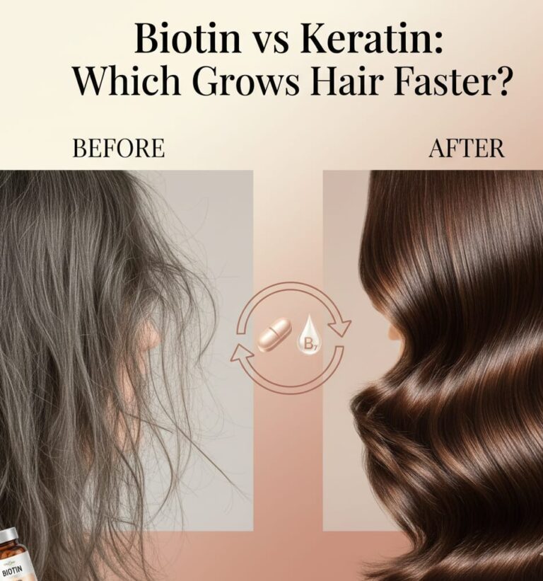 Biotin vs keratin supplements comparison showing vitamin B7 molecular structure with biotin-rich foods on left and keratin protein fibers with hair treatment products on right for hair growth