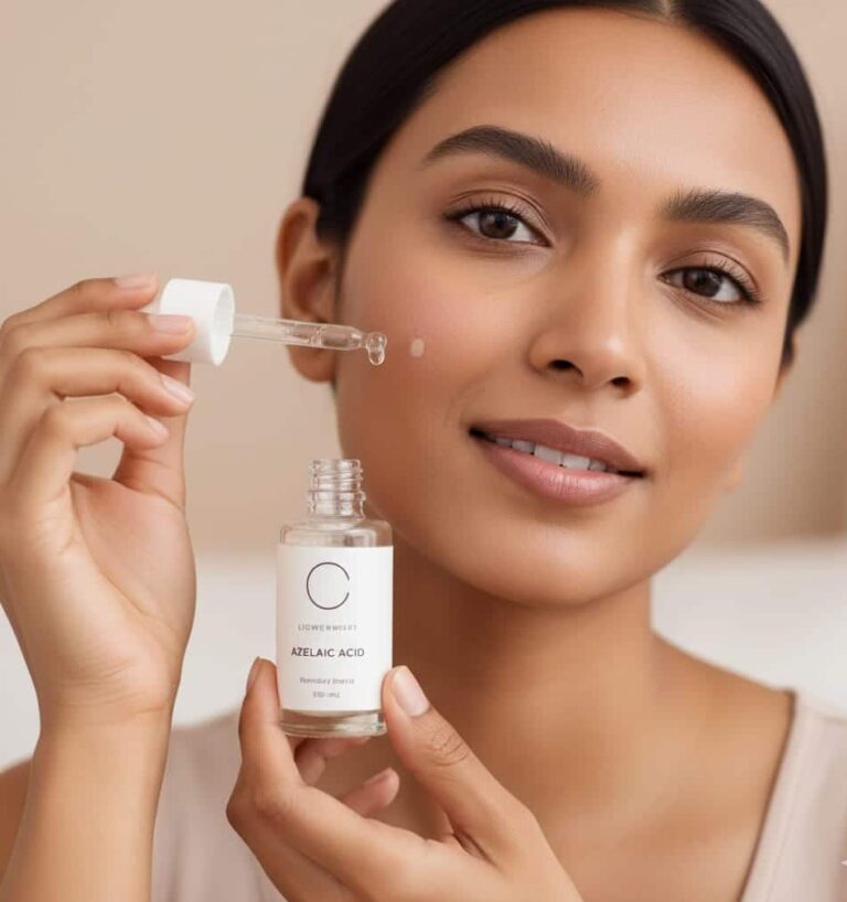 Woman applying azelaic acid serum on clear skin showing reduced redness and healthy glow