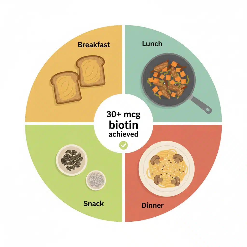 Circular meal plan infographic showing biotin-rich vegan meals throughout the day totaling 30+ mcg: breakfast, lunch, snack, and dinner options