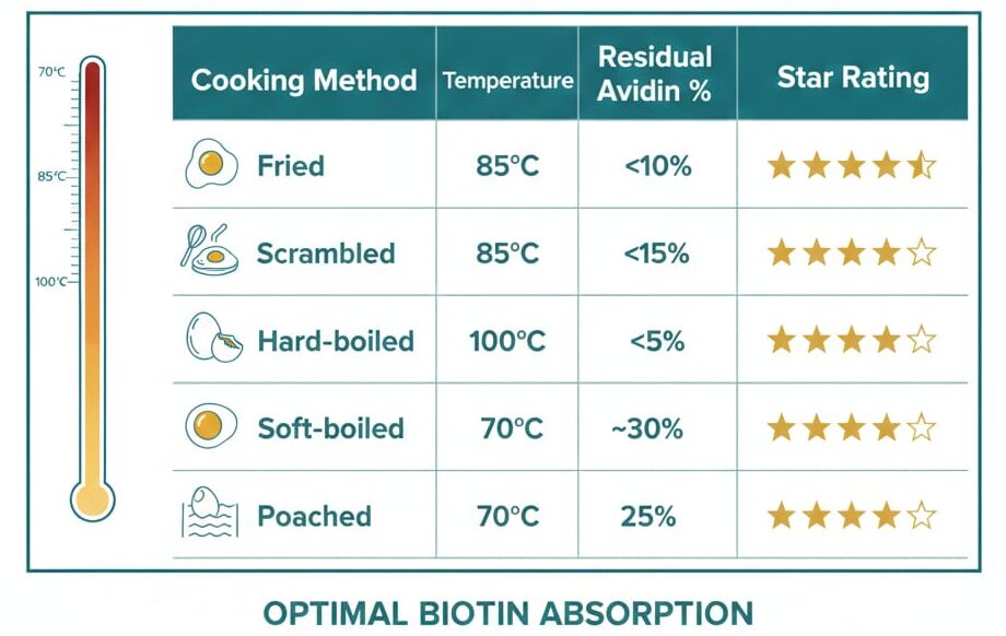 Cooking methods temperature chart comparing residual avidin activity in fried, scrambled, hard-boiled, soft-boiled, and poached eggs for optimal biotin absorption