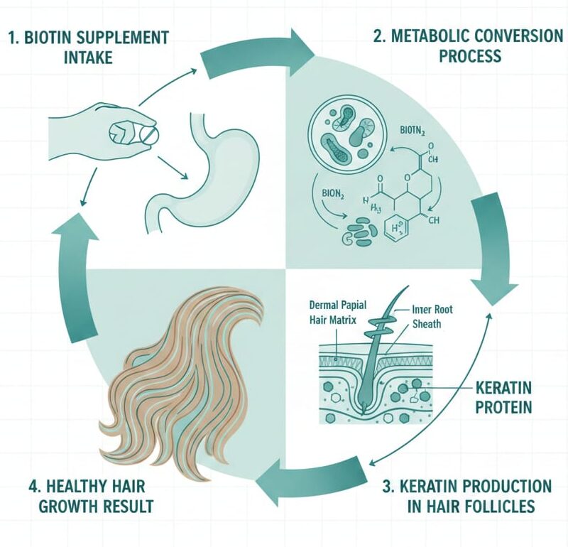 Educational diagram illustrating biotin's metabolic pathway for hair health: shows biotin supplement intake, conversion process in digestive system, keratin production in hair follicles, and resulting healthy hair growth with reduced shedding