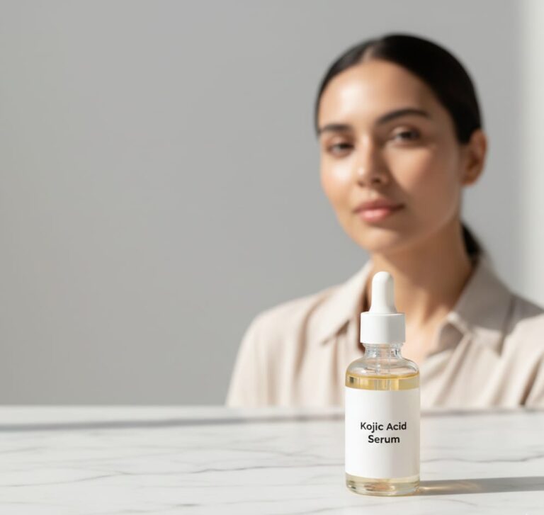 Minimalist skincare feature image showing kojic acid serum bottle and healthy skin, representing safe daily use and hyperpigmentation treatment.