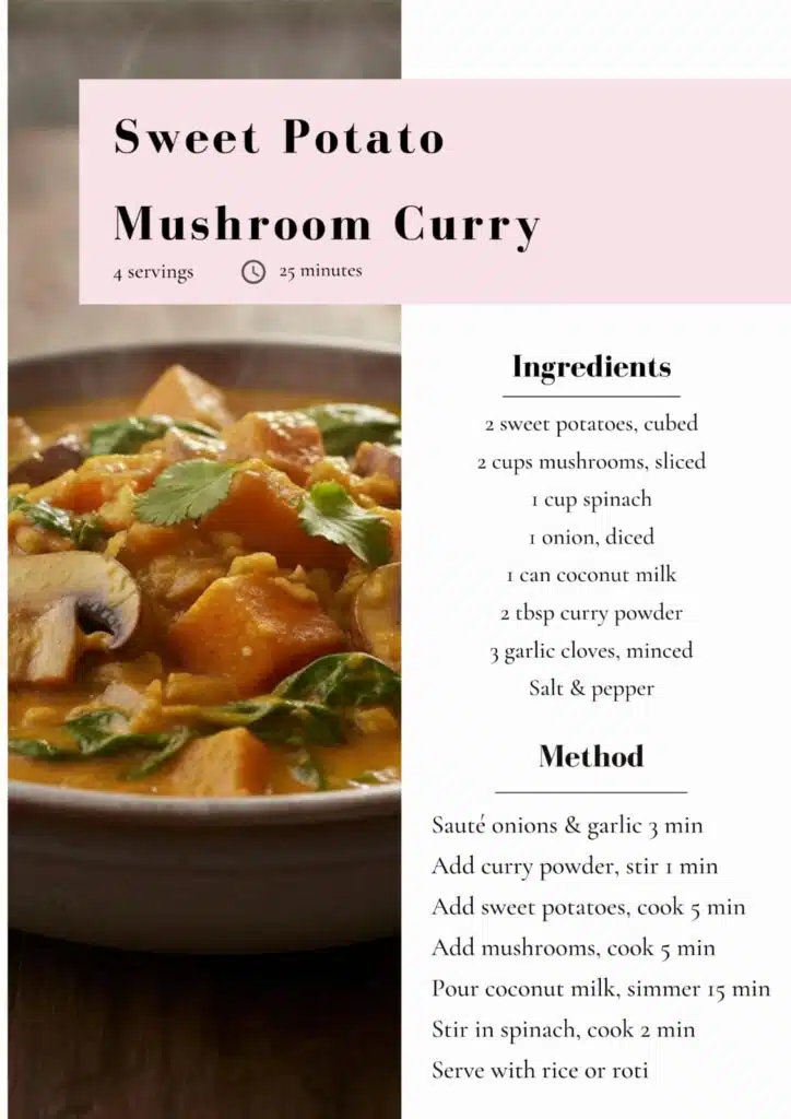 Sweet potato and mushroom curry simmering in coconut milk with spinach, onions, and curry spices, served as a biotin-rich vegan meal for hair health.