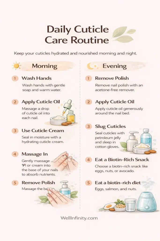 Daily cuticle care routine infographic showing morning and evening steps for soft healthy cuticles