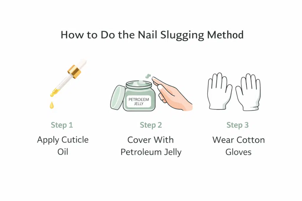 Step-by-step infographic explaining the nail slugging method using cuticle oil, petroleum jelly, and cotton gloves overnight.